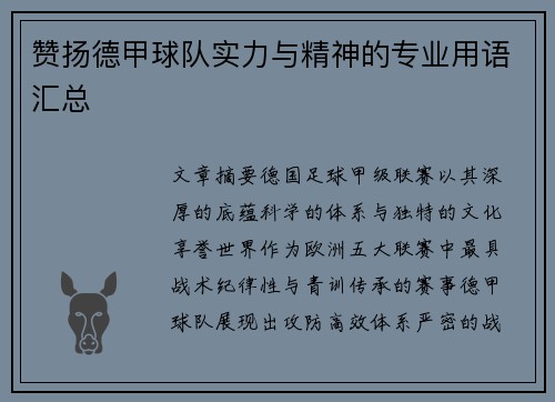 赞扬德甲球队实力与精神的专业用语汇总